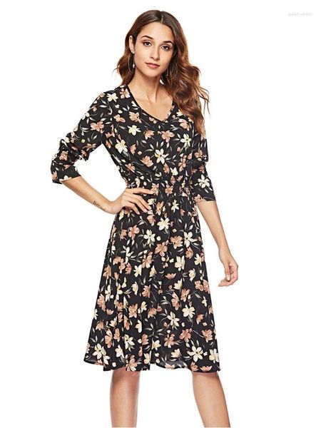 Party Kleider Für Frauen 2024 Vintage Floral Kleid Elastische Taille Frühling Sommer Kleidung Halbe Hülse Knie Länge Büro Dame Robe