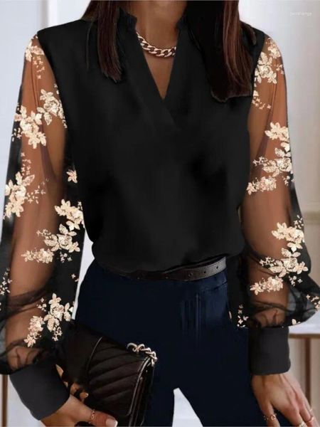 Blusas femininas para mulheres moda renda malha manga longa com decote em v camisa primavera casual escritório topos elegantes roupas pretas 2024