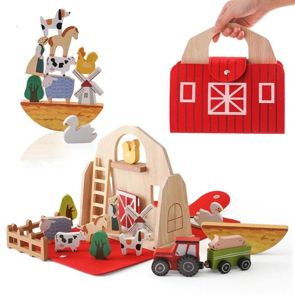 Bebê de madeira removível casa brinquedos celeiro modelo montessori ocupado caixa animais blocos nascidos puzzle jogos 240110