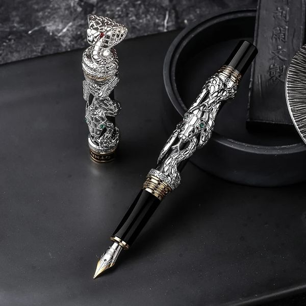 Jinhao duplo dragão/cobra vintage luxuoso caneta fonte/caneta titular completo metal escultura em relevo pesado presente caneta coleção 240110