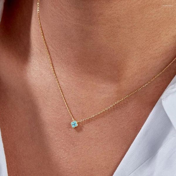 Catene Aiutante Blu Quattro Petali Turchese Ciondolo Catena Clavicola Collana in argento sterling 925 per le donne Oro 18 carati Gioielleria raffinata Regalo di nozze