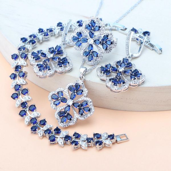 Set da donna Set di gioielli in argento 925 con pietre naturali, orecchini, bracciale, anello, collana con ciondolo, da donna, zircone blu, set da sposa