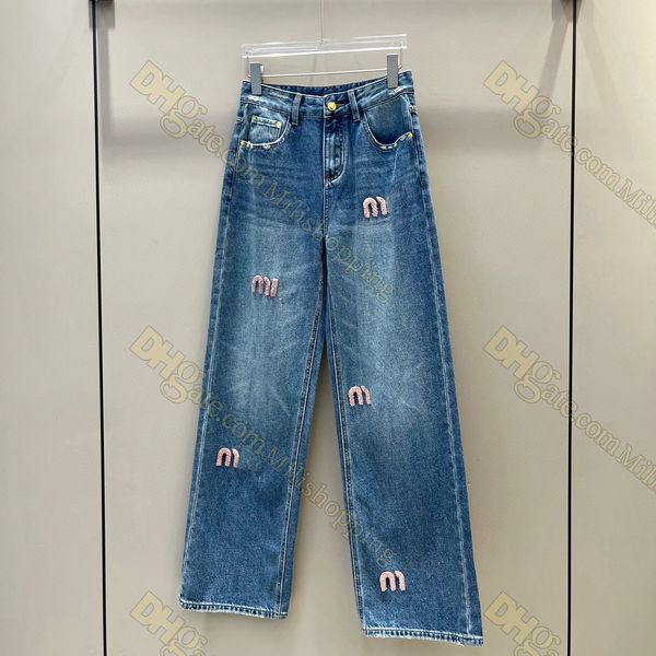 Damen-Jeans, hoch taillierte, beflockte, gerade Röhrenjeans in Aquablau mit Enzymwaschung