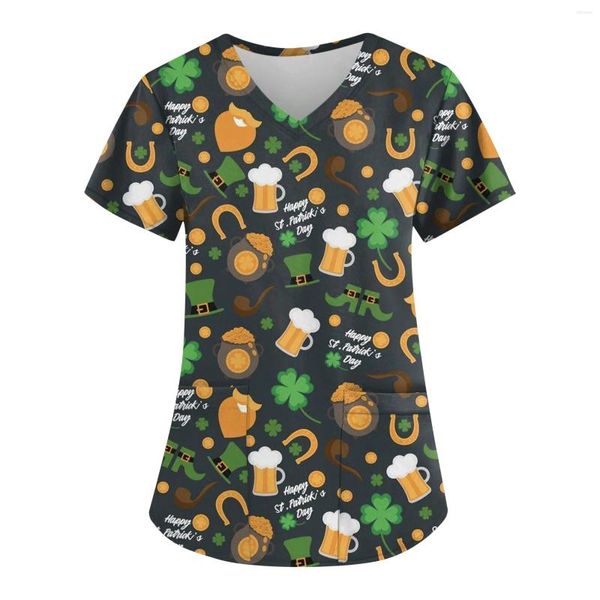 Camisetas femininas com estampa de trevos, tops esfoliantes verdes do dia de São Patrício, uniforme de cuidadores clínicos, blusa com decote em V, roupa de trabalho