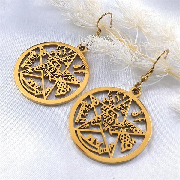 Brincos pendurados pentagrama de bruxaria para mulheres, aço inoxidável, cor dourada, joias, boucle oreille femme e425s02