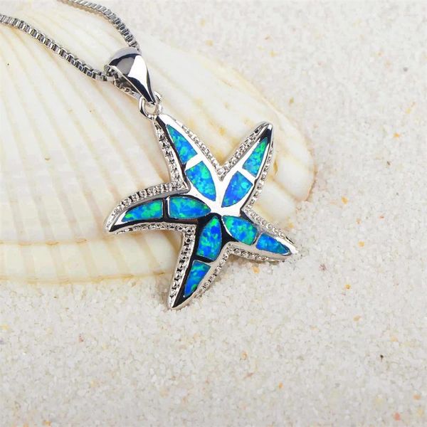 Colares pingentes bonito estrela do mar colar azul branco opala pedra estrela do mar para mulheres na moda prata cor corrente oceano animal jóias