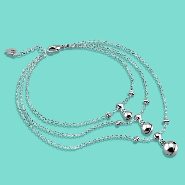 Fußkettchen Sommer Beliebte Damen 925 Echtes Sterling Silber Fußkettchen Böhmische Dreischichtige Glocke Silberkette 25 CM Knöchelarmband Schmuck