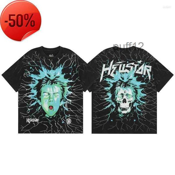 Homens Camisetas Hellstar Camisa Elétrica Kid Manga Curta Tee Lavado Do Old Black Hell Star Camiseta Homens Mulheres Roupas KODT