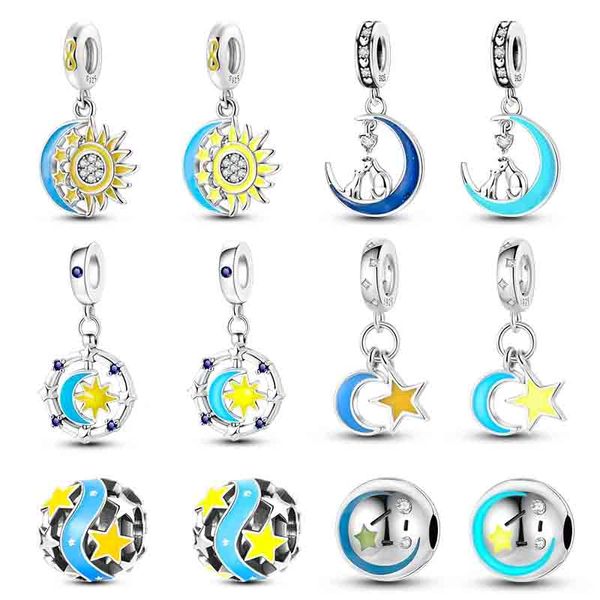 100% 925 prata esterlina brilha no escuro estrela lua sol encantos luminosos contas pingente caber pando pulseiras originais jóias diy