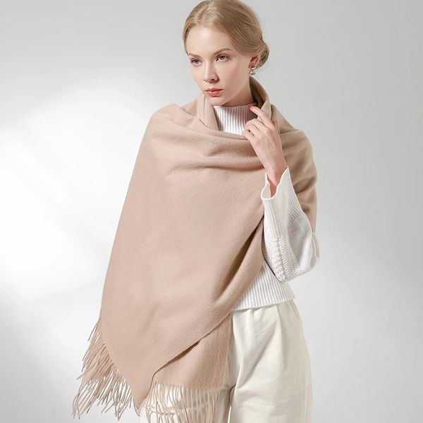 100% lenço de lã real feminino xales quentes e envoltórios para senhoras roubou femme sólido warps inverno cashmere lã cachecóis luxo pashmina 240111