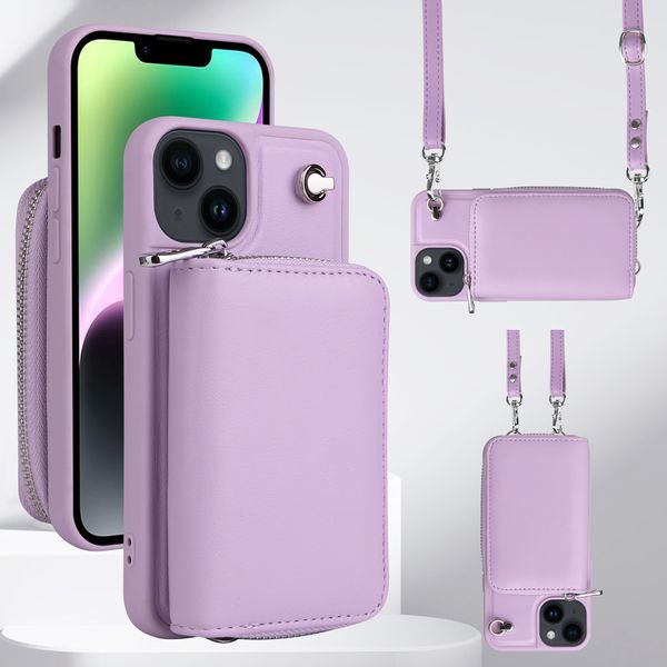 Caixa da carteira de crossbody para iPhone 15 capa de bolso com suporte de cartão PU PU RFID Bloqueio de proteção de proteção com pulso destacável Strap cordão de pulso