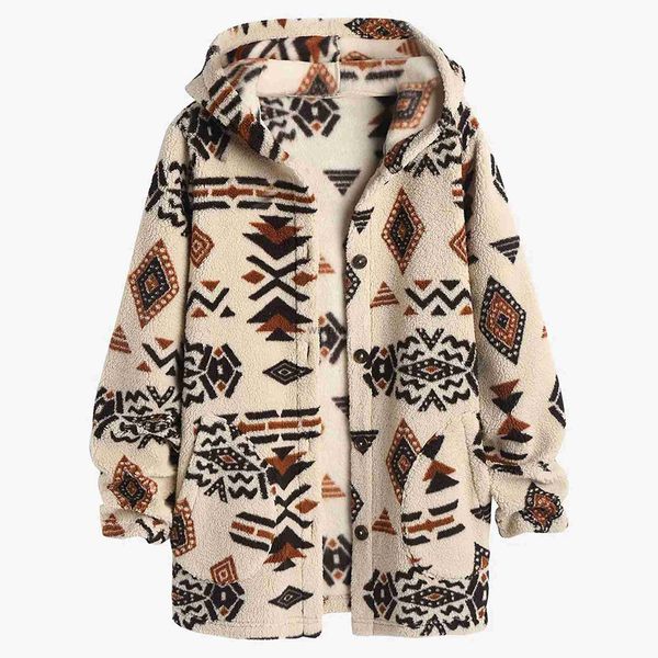 Misturas de lã feminina 2024 outono inverno jaquetas de lã feminina estilo étnico casaco com capuz com bolsos impresso casaco de tecido de pelúcia fofo casaco quente L240112