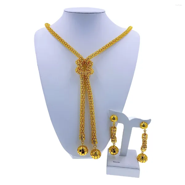 Halskette Ohrringe Set Frauen Luxus Dubai Gold Farbe Überzogene Quaste Lange Nigerianischen Party Hochzeit Schmuck