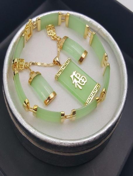 Natural verde jade 18kgp fortuna pingente colar brinco pulseira set8666025