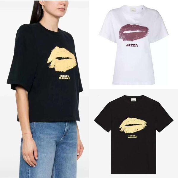 24ss Isabel Marant Dudak Baskı Tees pamuklu rahat gevşek yuvarlak boyun üstleri kadınlar kısa kollu tişört