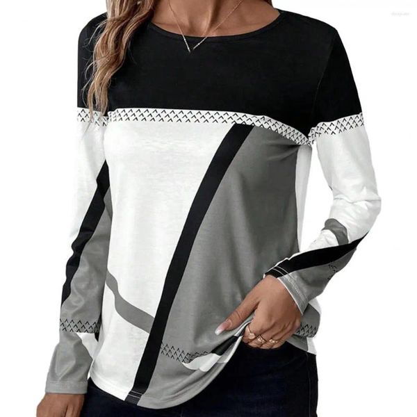 Camicette da donna Top leggero a maniche lunghe da donna Camicetta girocollo patchwork con stampa geometrica per una primavera morbida e traspirante con contrasto