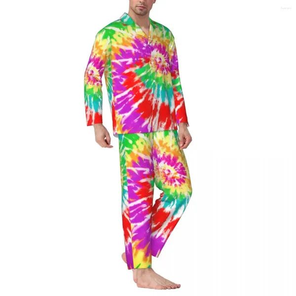 Мужская одежда для сна, пижамы с принтом тай-дай, мужские абстрактные радужные модные домашние ночные рубашки, осенние комплекты из 2 предметов, свободные пижамные комплекты большого размера