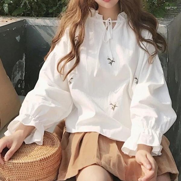 Camicette da donna Camicetta dolce stile coreano Camicie a maniche lunghe con motivo floreale da donna Top casual all-match Femme Arrivo Camisas Mujer