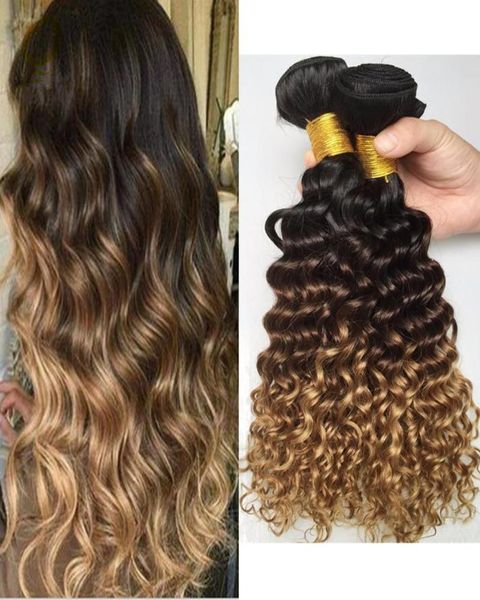 1b427 mel loira ombre brasileiro profundo encaracolado feixes de cabelo humano 3 pçs virgem brasileiro três tons ombre tecer cabelo humano profundo cu6971324