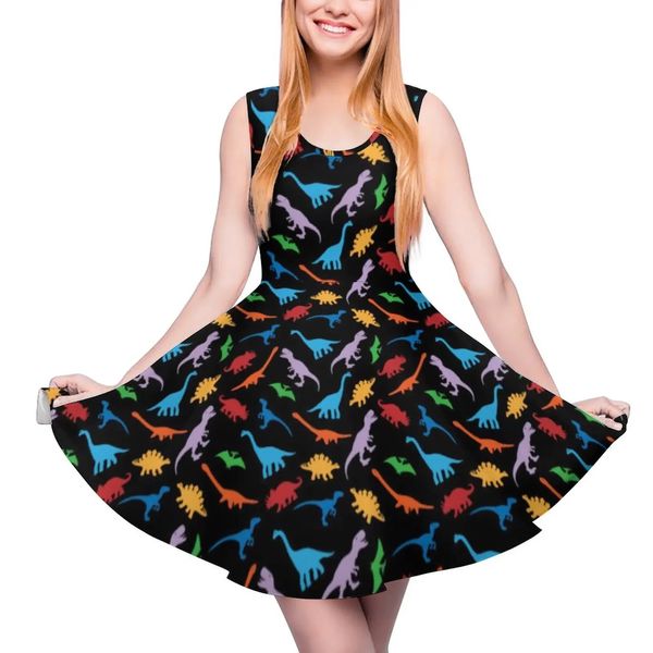 Buntes Dinosaurier-Kleid, niedlicher Tierdruck, trendige Kleider, hohe Taille, koreanische Mode, Skater-Damen, grafische Kleidung, Geschenk 240111