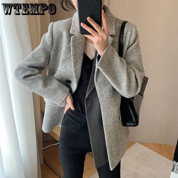 Feminino espinha de peixe terno lã misturada em linha reta duplo bolso jaqueta blazer outono e inverno ternos de lã feminino casaco de lã 240112