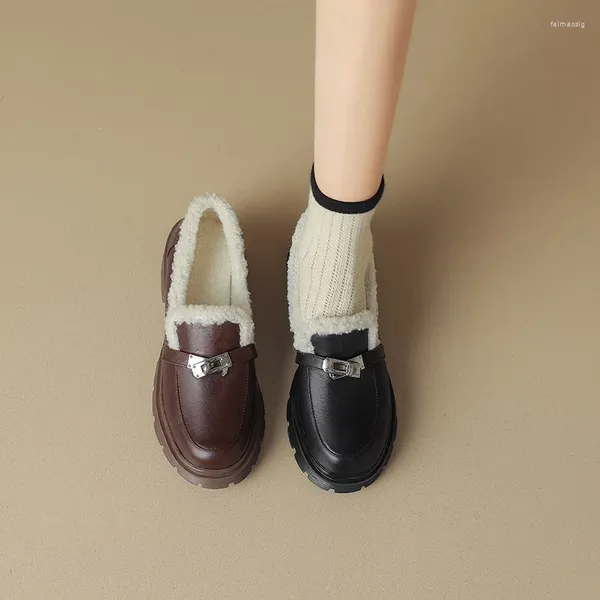 Модельные туфли Phoentin, женские лоферы с плюшевой подкладкой в стиле ретро, зима 2024, туфли-лодочки из натуральной кожи с круглым носком, на среднем каблуке и платформе FT3013
