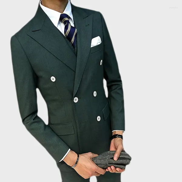 Ternos masculinos duplo breasted verde escuro terno de negócios noivo smoking fino ajuste para casamento masculino 3 pçs blazer (jaqueta colete calças)