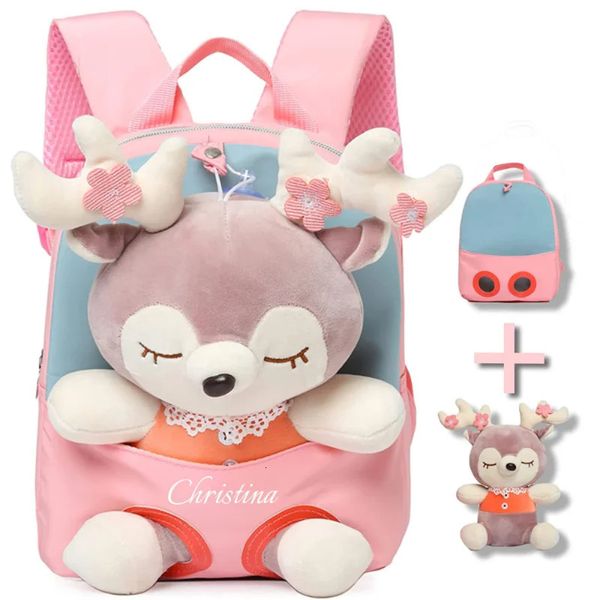 Mochila pré-escolar fofa para meninas e crianças com bonecas pequenas enchidas de animais mochila de pelúcia mini menina mochila de bebê 240111