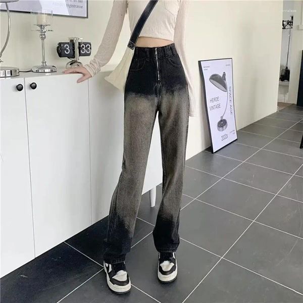 Jeans da donna LEDP Pantaloni dritti a gamba larga da donna Pantaloni slim retrò sfumato a vita alta alla moda Design elasticizzato femminile