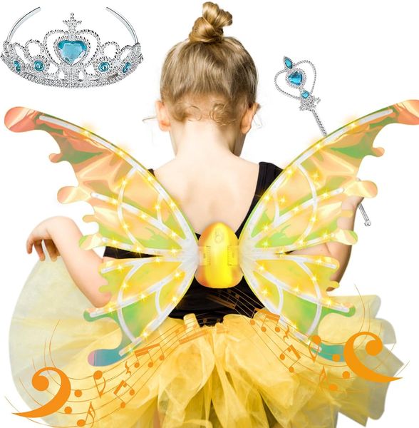 Led ışıkları ile elektrikli peri kanatları, evcil hayvan parlayan elf melek kanatları sihirli değnek prenses taç çocuklar için evcil hayvan kostümleri