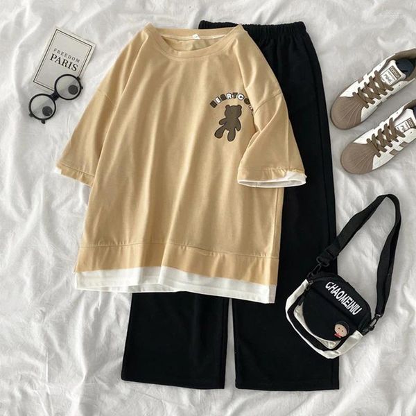 Calças femininas de duas peças conjunto de verão mulheres algodão tracksuits casual solto harajuku desenhos animados t-shirts cintura elástica cintura larga suor-shirts