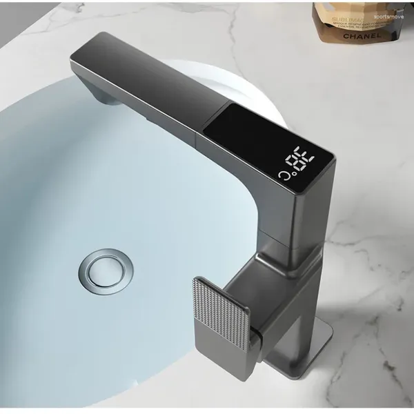 Rubinetti per lavandino del bagno Display a temperatura a LED Pistola Rubinetto intelligente grigio Rubinetto per lavabo digitale bianco freddo con rotazione estraibile