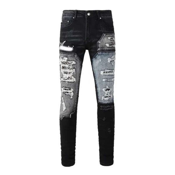 Дизайнерские мужские джинсыAmires Jeans Джинсовые брюки Amies 8595 High Street Fashion Brand Эластичный леопардовый принт с нашивкой Torn Mens Slimming Small Foot фиолетовые джинсы