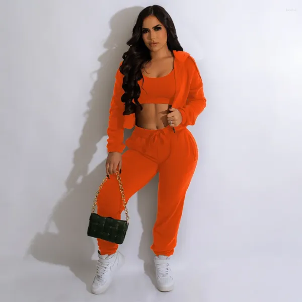 Calças femininas de duas peças 3 roupas para mulheres grossas lã quente sweatsuit zip up hoodie jaqueta tanque e jogger terno clubwear conjunto de treino