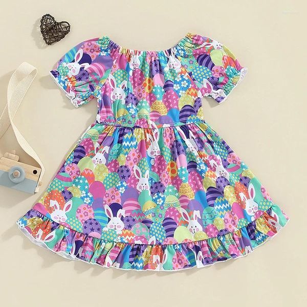 Mädchenkleider Müll Girls Ostern Swing Kleid Eierdruck Rüste Kurzarm Falten Kinder Kleinkind Baby Sunddress