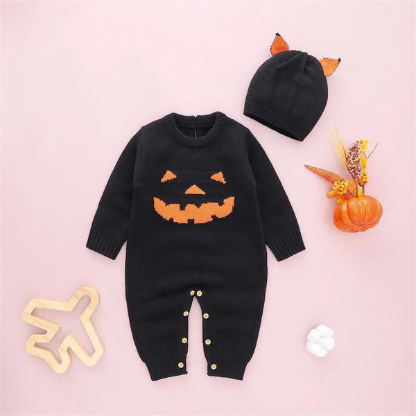 Bonés recém-nascidos meninos meninas halloween abóbora malha camisola do bebê macacão chapéu bonés algodão 1 peça menina cardigan tamanho 7