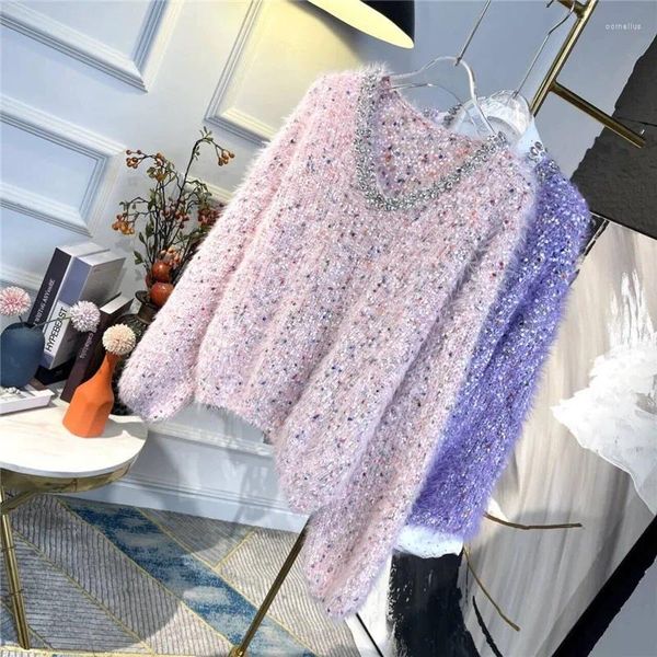 Suéteres femininos diamante grânulo v-pescoço mulheres mohair suéter colorido polka dot lã malha pulôver inverno outono macio quente jumper