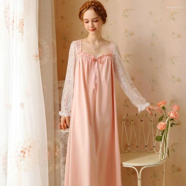 Mulheres sleepwear doce algodão manga completa camisola princesa mulheres primavera outono inverno rosa bonito longo nightwear renda fada