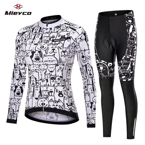 Conjuntos femininos branco dos desenhos animados gato cão camisa de ciclismo conjunto uniformes de mountain bike manga longa ciclismo wear roupas de ciclismo