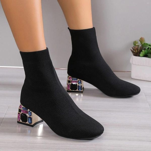 Botas femininas curtas dedo do pé quadrado salto grosso malha estiramento plano manter quente botines tornozelo inverno botas femininas