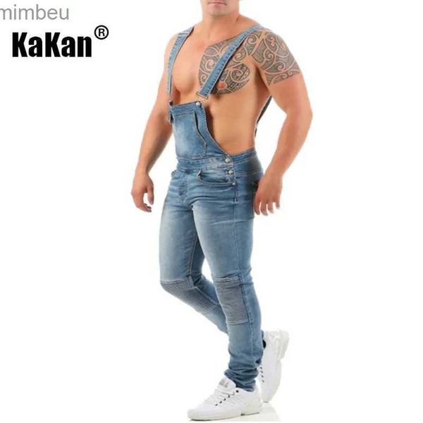 Jeans masculinos Kakan - Novos jeans suspensos masculinos europeus e americanos azul preto rasgado cor combinando macacão jeans longos K34-992L240111