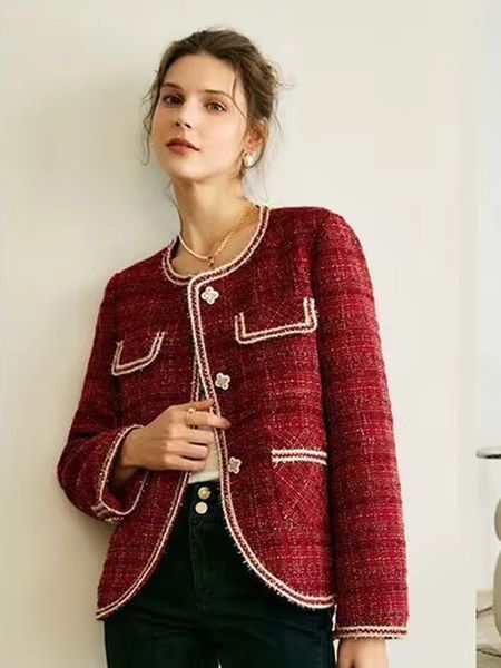 Giacca in tweed rosso per donna Autunno Inverno manica lunga monopetto Chic Top femminile stile coreano elegante cappotto da donna 240112