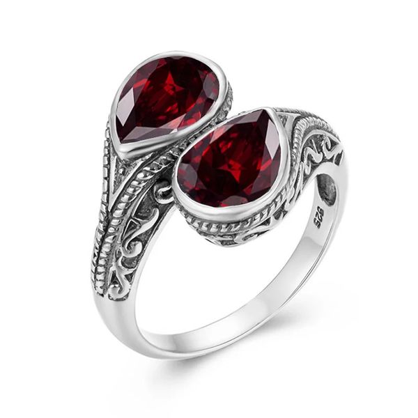 Pure 925 Sterling Sterling 2 Stones Womens Garned Garnet Gioielli vintage Giotico Giotico Anniversario di matrimonio Regalo femminile per moglie R 240112