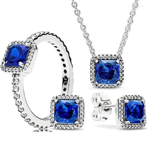 Anelli a grappolo Anello per orecchino con collana di eleganza classica senza tempo in argento sterling 925 originale con cristallo blu per gioielli regalo da donna in Europa