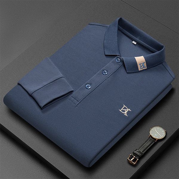 Luxo bordado polo camisa de manga comprida outono algodão camiseta moda designer lapela topos tendência streetwear roupas masculinas 240111