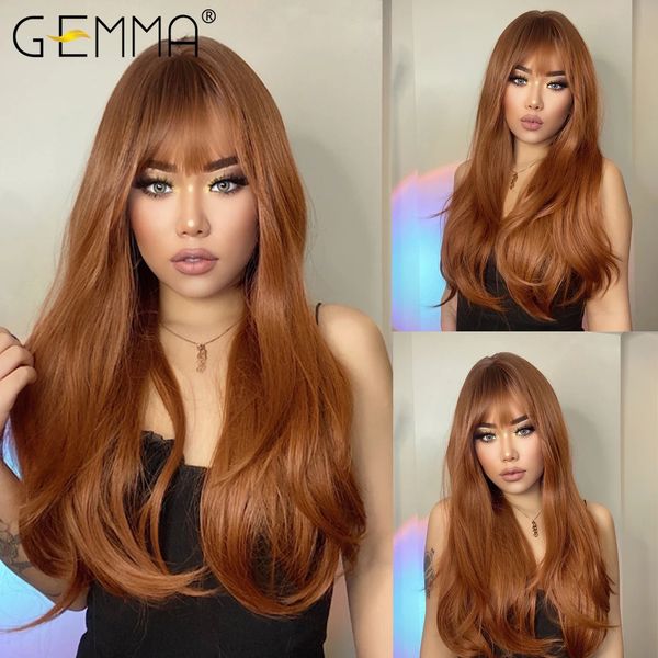 Gemma vermelho marrom cobre gengibre longo reto perucas sintéticas para mulheres perucas de onda natural com franja resistente ao calor cosplay cabelo 240111