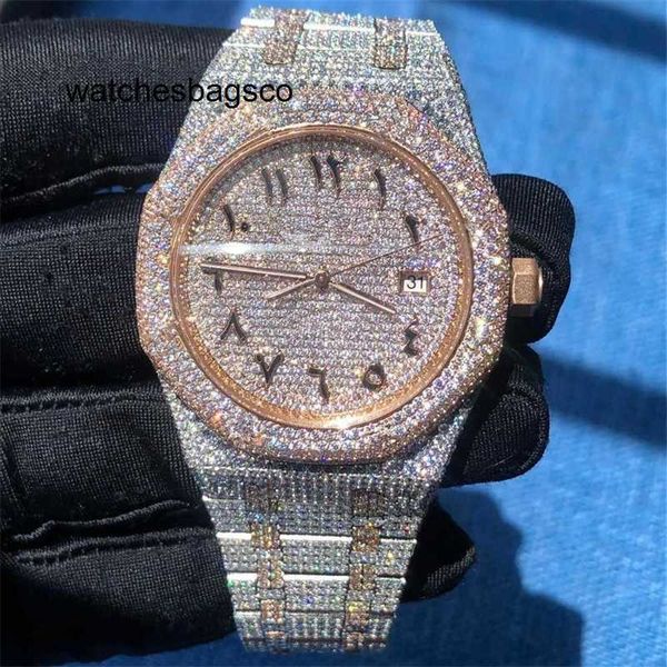 Designer di lusso quadrante alto arabo versioni di qualità diamante orologio ghiacciato automatico 41 mm argento oro rosa bicolore impermeabile 904L