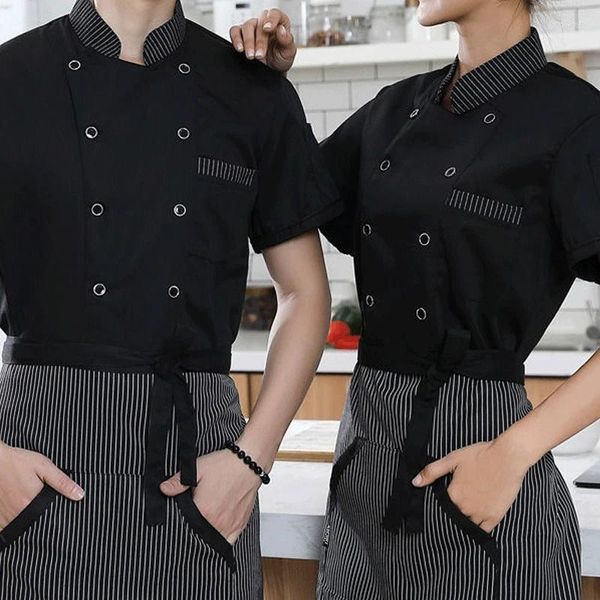 Camisas masculinas verão manga curta chefs roupas de trabalho listrado impressão costura botão bolso cor sólida commuter vestido profissional