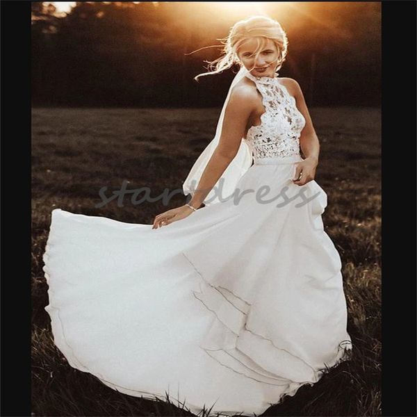 Elegante abito da sposa bohemien bianco con scollo all'americana Illusion pizzo lunghezza del pavimento chiffon rustico abito da sposa Boho sexy abiti da sposa country da giardino autunnale 2024 Robe Mariage