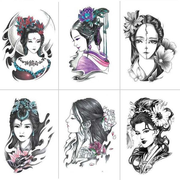 Tradizionale figura di bellezza che versa lacrime, geisha, adesivo colorato per tatuaggio anti-originale con braccio floreale stampato a trasferimento d'acqua
